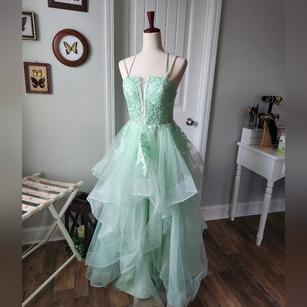 Elegant Mint Green Layered Gown